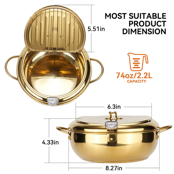 English Elm Stainless Steel Deep Frying Pot with Thermometer, Oil Drain Spout & Splash Lid for Tempura Cooking T3950P404654