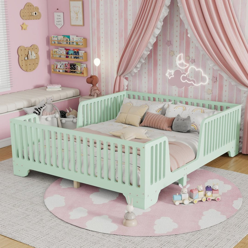 English Elm Full Size Montessori Floor Bed with Safety Fence Mdf Frame for Kids Bedroom W2593P381119