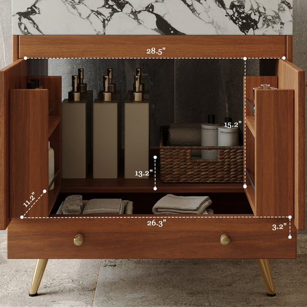 English Elm Mid-century Freestanding Bathroom Vanity Faux Marble Ceramic Sink Gold Legs Storage W3136S00067