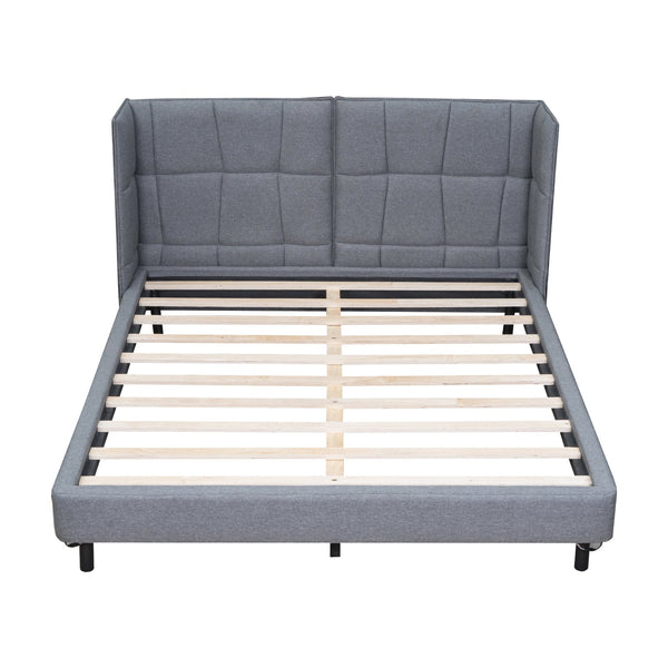 English Elm Queen Upholstered Platform Bed with LED Lights, U-Shaped Headboard, Linen Fabric, Sturdy Metal Legs Gray SF000151AAE
