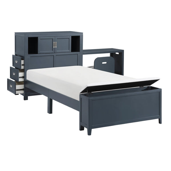 English Elm Gray Twin Platform Bed with Bookcase Headboard Hidden Desk Stool and Footboard Bench Navy Blue B011S02312