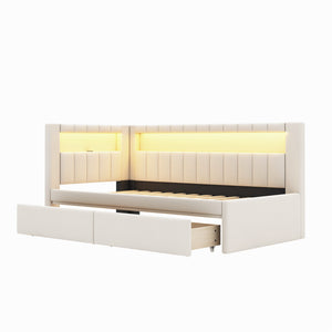 English Elm Upholstered Twin Platform Bed with USB Ports, LED Light Belt, Linen Backrest & 2 Storage Drawers White DL001926AAK