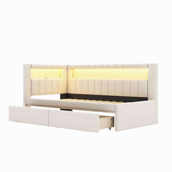 English Elm Upholstered Twin Platform Bed with USB Ports, LED Light Belt, Linen Backrest & 2 Storage Drawers White DL001926AAK