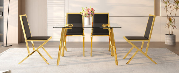 English Elm Table and Chair Set 7 Piece Round Walnut Mdf Industrial Dining with Pu Seats Black+Gold,Transparent W1151S04790