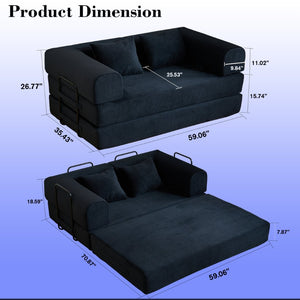 English Elm 59'' Corduroy Floor Sofa Convertible Sleeper with Bolster Pillow for Studio Living Black W3434P449858