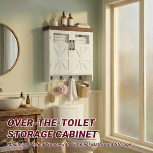 English Elm Bathroom Wall Cabinet Over Toilet with Adjustable Shelves and Built in Towel Hook Brown+White T5831P488974