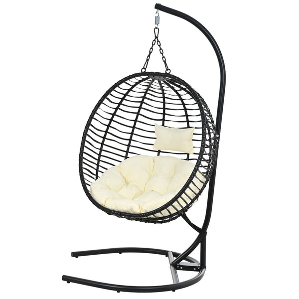 English Elm U_style Wicker Hanging Egg Chair with Stand Hdpe Cocoon Swing for Balcony Garden Black+Beige N711P389503A