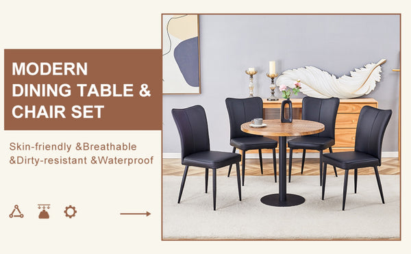 English Elm Table 5-Piece Dining Set: 31.5-Inch Dark Wood Grain Round Table & 4 Ergonomic Black Pu Chairs W1151S02486-GIGA