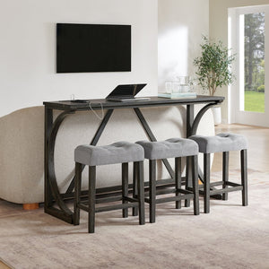 English Elm 59 Inch Bar Table Set with Power Outlet Rubberwood Frame and 3 Linen Stools Black W2972P385253