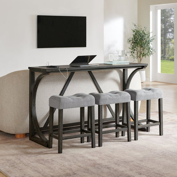 English Elm 59 Inch Bar Table Set with Power Outlet Rubberwood Frame and 3 Linen Stools Black W2972P385253