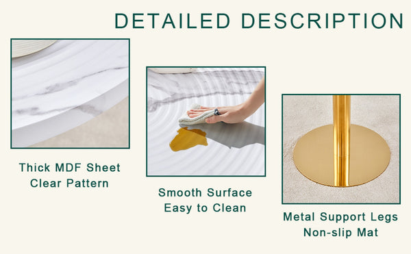 English Elm Table 5-Piece Set: Elegant 31.5-Inch Round Marble Dining Table With 4 Gray Pu Chairs & Gold Legs W1151S02493-GIGA