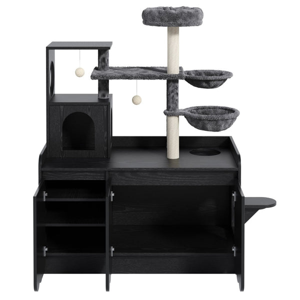 English Elm 50.6" Modern Cat Tower with Hidden Litter Enclosure Sisal Posts and Dual Hammocks N704P443505B