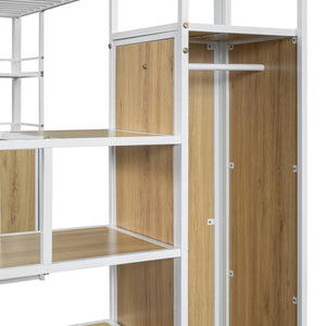 English Elm Full Size Metal Loft Bed with Desk, Storage Staircase, Wardrobe & Shelves — Space-Saving White GX002219AAK