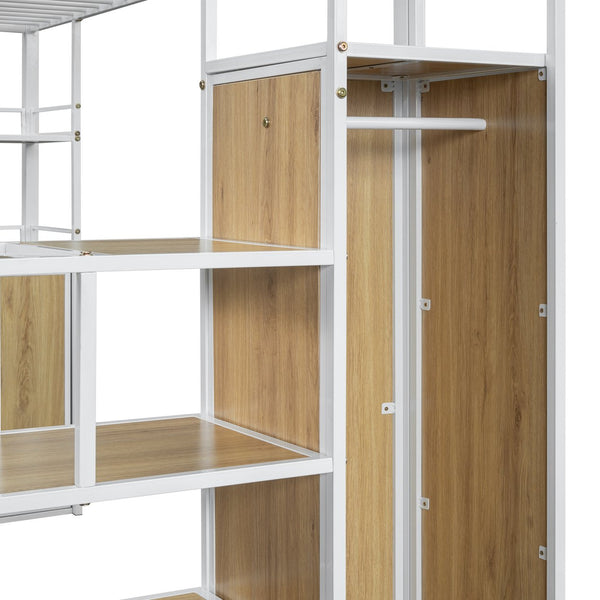 English Elm Full Size Metal Loft Bed with Desk, Storage Staircase, Wardrobe & Shelves — Space-Saving White GX002219AAK