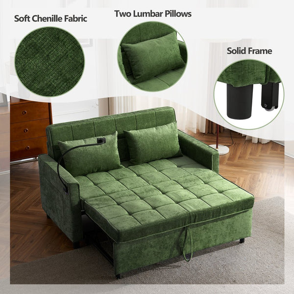 English Elm 56.9" Loveseat Sofa Bed with Chenille Upholstery, USB Ports, Phone Holder, Side Pockets, Reclining Backrest Green N719P208853F