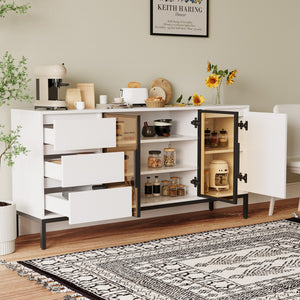 English Elm Buffet modern glass dining cabinet with countertop, 3 drawers & dual door storage — sleek white organizer W1320P195407