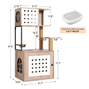 English Elm Cat Tower with Hidden Litter Enclosure Hammock Bed Feeding Station Scratching Posts W1687P304379