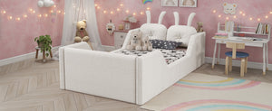 English Elm Twin Kids Platform Bed Teddy Fabric Upholstered with Bunny Cushions and Safety Rails White W2593P395806