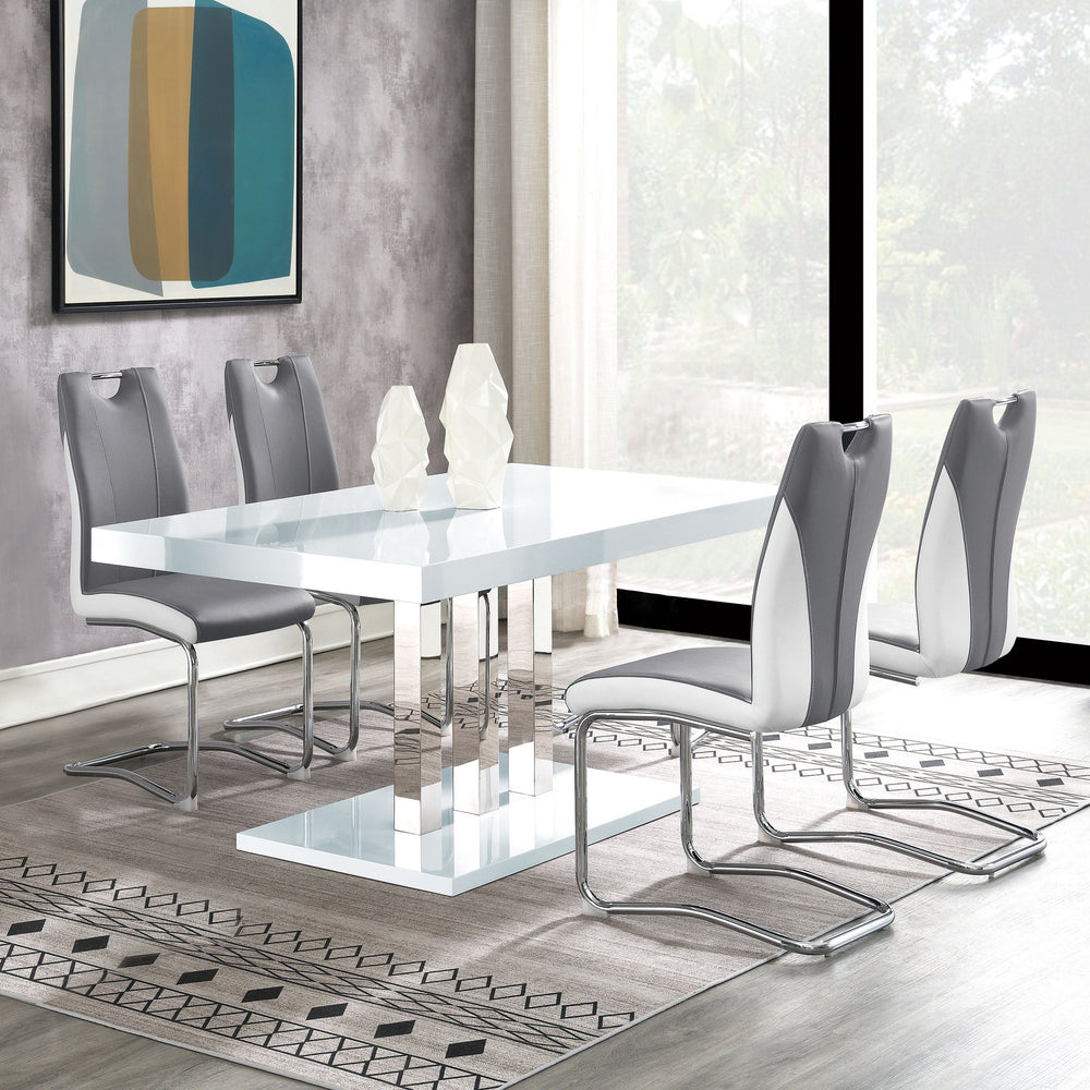 English Elm Creston Modern White High Gloss Pedestal Dining Set with Chrome, Grey Upholstered Sled Chairs, 5pc B062S01016