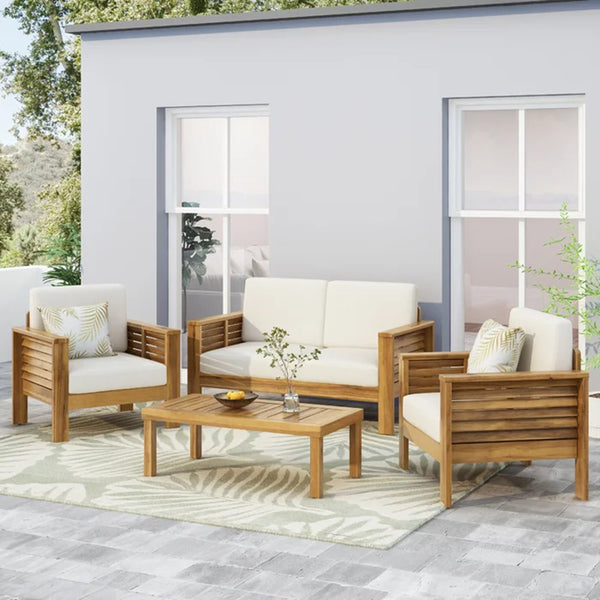 English Elm Christopher Knight Home® - Teak Acacia Wood 4-Piece Outdoor Chat Set with Water-Resistant Cream Cushions, Shutter Slat Design 70692.00-2_70844.00