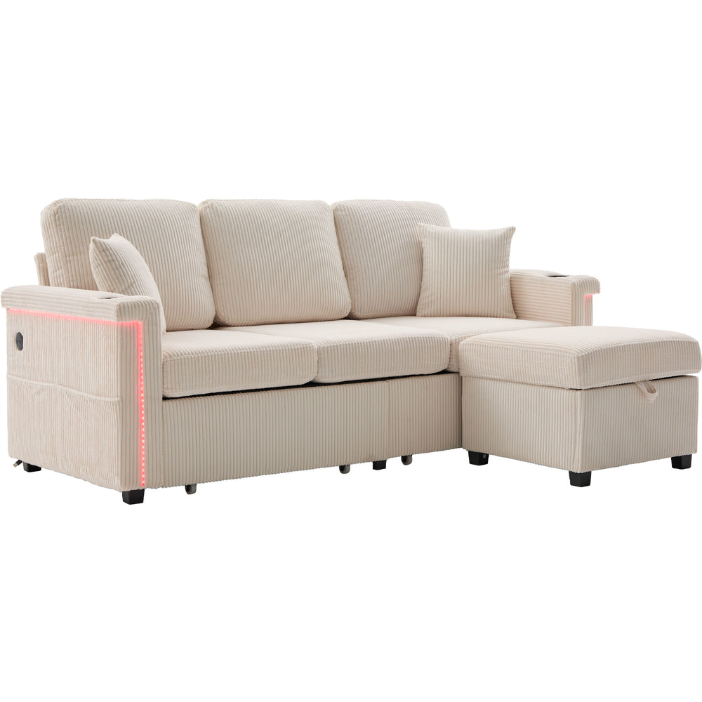 English Elm UNITED Corduroy L-Shaped Sectional Sofa with Storage Ottoman, USB Ports, Cup Holders & LED Lighting Beige W1568P332400