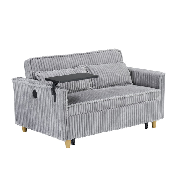 English Elm The pull-out and push-in corduroy sofa with convertible bed, movable tabletop and built-in USB ports Gray W3371P316050