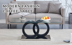 English Elm Modern Glass Top MDF Coffee Table with Interlocking Circle Base, Minimalist Living Room Centerpiece Black W3226P279046