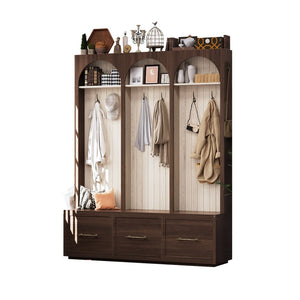 English Elm Farmhouse Hall Tree with Arched Panels Bench Drawers and Hooks for Mudroom Entryway Walnut W5271S00006