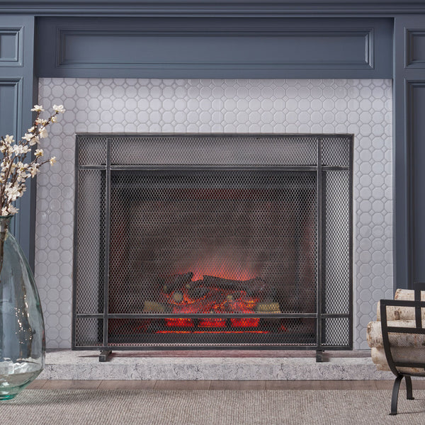 English Elm Christopher Knight Home® - FIRE Markus Modern Single Panel Iron Firescreen with Brushed Silver Finish, Minimalist Mesh Guard Black+Silver 65183.00BBSILV