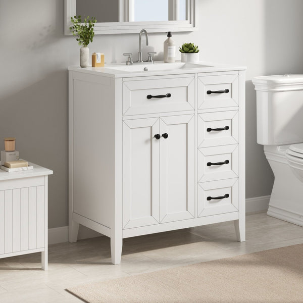 English Elm [video] 30 Inch Freestanding Bathroom Vanity White Mdf Pine Legs Ceramic Sink Soft Close N759P394442K