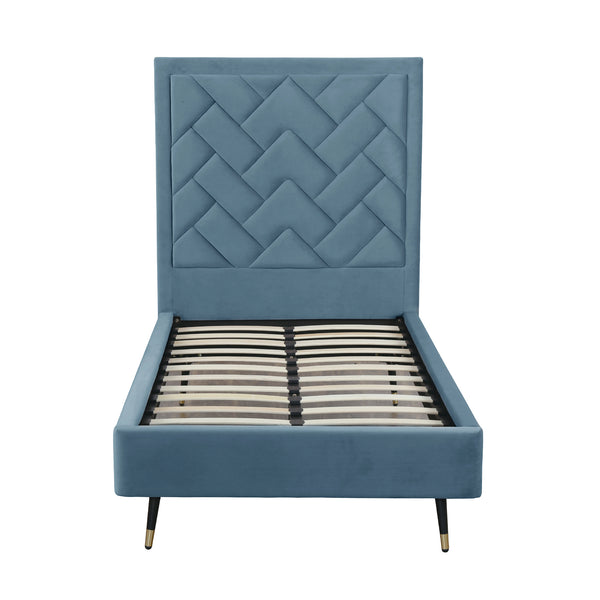 English Elm Crosby Twin Upholstered Velvet Bed with Chevron Stitched Headboard, Solid Slats, No Box Spring Needed Blue B365S00042