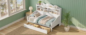 English Elm Twin Daybed Retro Wood Frame with Under Bed Drawers and Headboard Shelving White N733S415358K