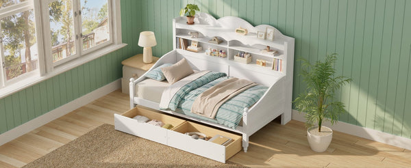 English Elm Twin Daybed Retro Wood Frame with Under Bed Drawers and Headboard Shelving White N733S415358K