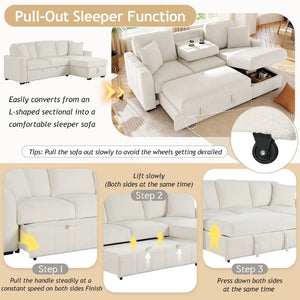 English Elm U_style Modular Sectional Sleeper Sofa with Storage Chaise and Cup Holders for Living Room Beige WY000467AAA