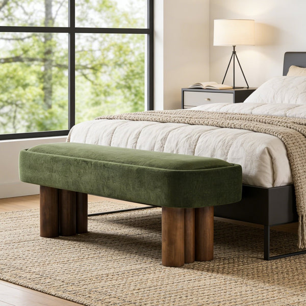 English Elm Indoor Boucle Upholstered Bench with Walnut Legs Textured Khaki Dining Seating Green,Walnut N779P390675G