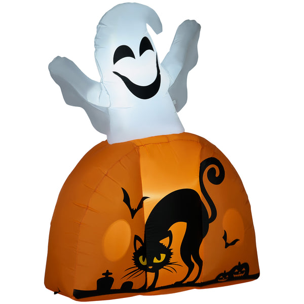 English Elm HOMCOM 5ft Halloween Inflatable Ghost with Painted Pumpkin Base, LED Lights, Stakes & Easy Setup W2225P217529