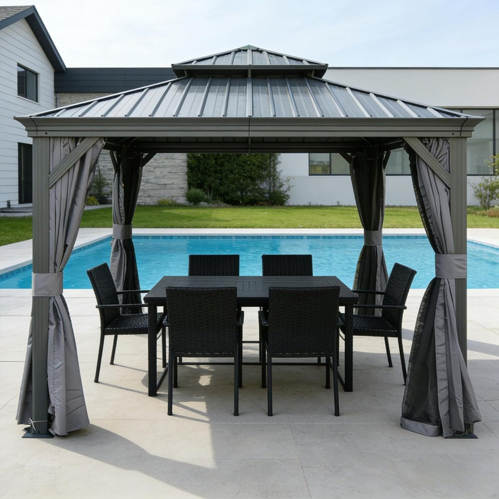 English Elm 13x13ft Hardtop Gazebo Galvanized Steel Vented Double Roof with Curtains Netting Patio Gray W1859S00203