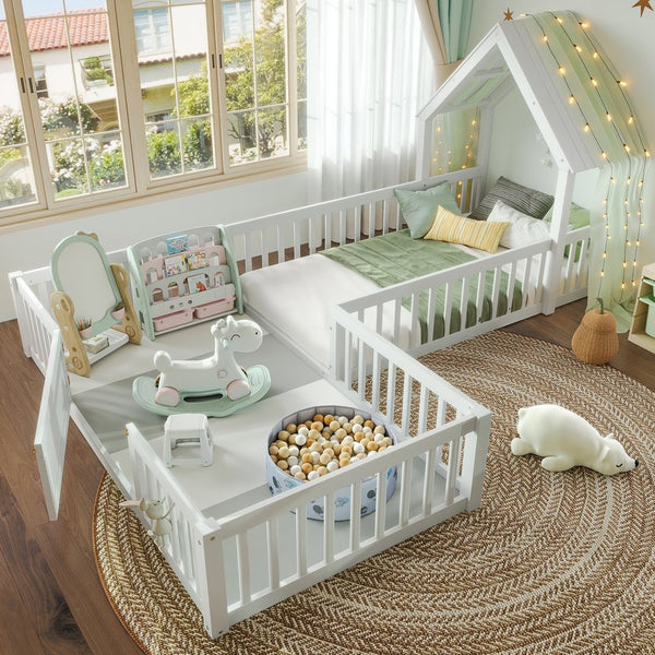 English Elm Twin House Floor Bed with Door & Full-Length Guardrails, Solid Wood Twin Loft Alternative for Kids White W1580P327128