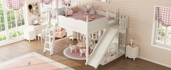 English Elm Queen Solid Pine Loft Bed with Wardrobe Shelves Detachable Slide and Dual Sleeping Zones Beige W5305S00028