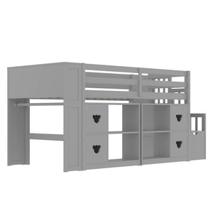 English Elm Twin Kids Low Loft Bed with Stair Drawers Built-in Led Shelving and Bear Handles W697S00040