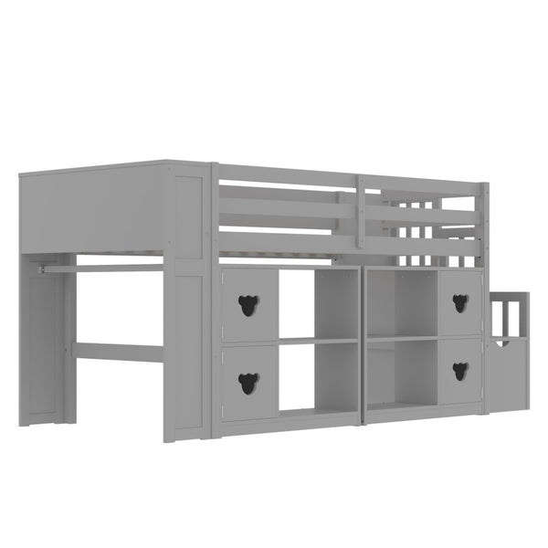English Elm Twin Kids Low Loft Bed with Stair Drawers Built-in Led Shelving and Bear Handles W697S00040