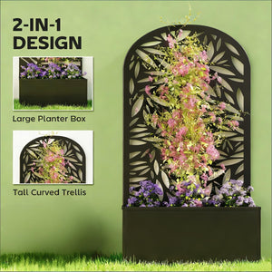 English Elm Freestanding Metal Raised Garden Bed with Leaf Trellis Panel for Patios and Balconies T3971P455193