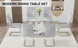 English Elm 1 Table and 6 Chairs Set.63"X35.4 Rectangular Transprant Tempered Glass Dining Tabletop With White Mdf Oc Shaped Bracket.Paried With 6 Light Gray High-Quality Pu Chairs With Silver Metal Legs.