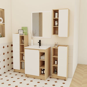 English Elm 4-piece Light Oak Bathroom Set with Ceramic Sink and Dual-tone Storage Cabinets W3450S00112