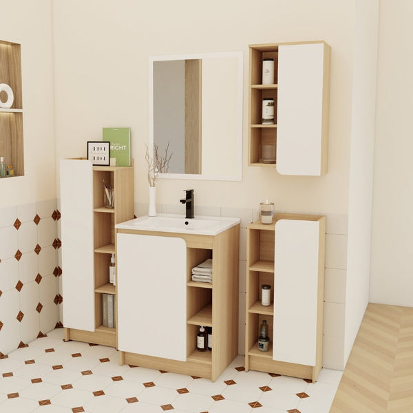 English Elm 4-piece Light Oak Bathroom Set with Ceramic Sink and Dual-tone Storage Cabinets W3450S00112