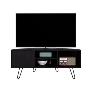 English Elm TV Stand Engineered Wood 1 Door 3 Shelves 4 Legs Black — Compact Modern TV Console, Stable Storage B097P350288