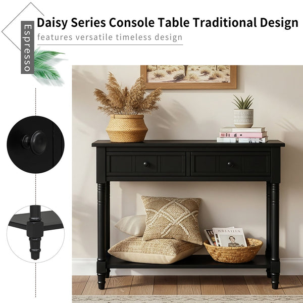 English Elm TREXM Daisy Series Console Table with Two Drawers and Bottom Shelf Vintage-Inspired Pine Accent Piece Black N715P364059B