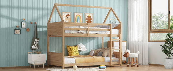 English Elm Twin House Floor Bunk Bed – Charming Rubberwood Design With Safety Guardrails, Ladder & White Oak Finish W504P227973-GIGA