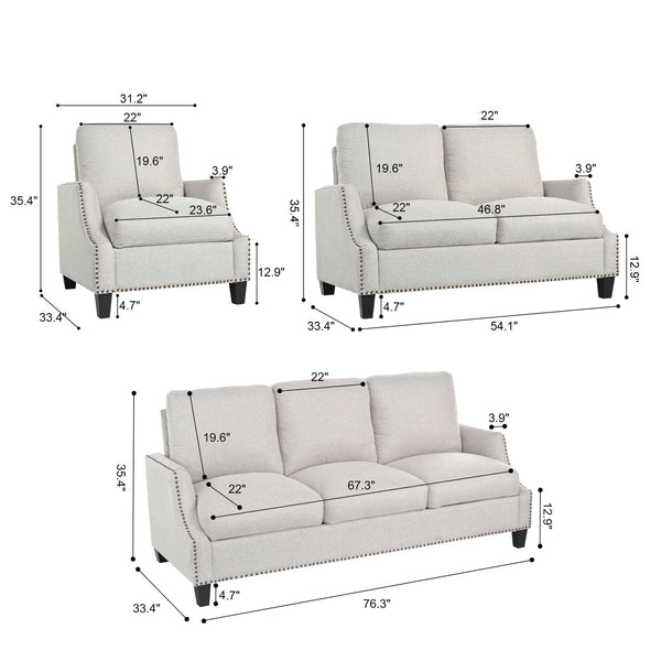 English Elm 3 Piece Living Room Sofa Sets - Modern Sectional Couch, Loveseat & Accent Chair For Cozy Spaces W680S00085