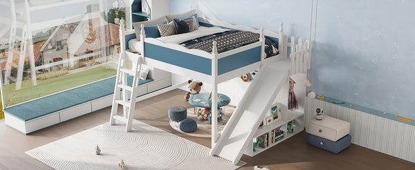 English Elm Queen Solid Pine Loft Bed with Wardrobe Shelves Detachable Slide and Dual Sleeping Zones Blue,Off White W5305S00029